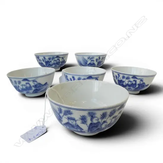 6 CHINESE PORCELAIN QIANLONG MARKED probably later B & W BOWLS with scholars Dia.115mm.