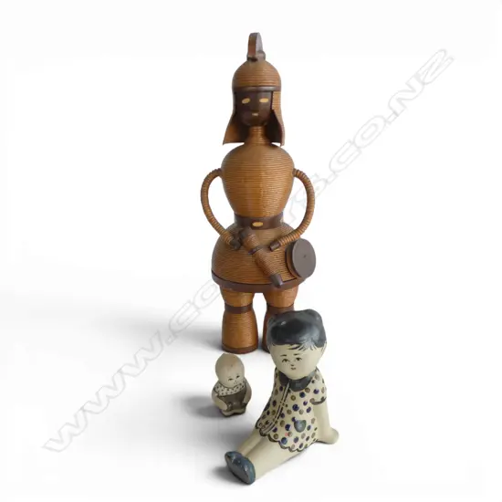 JAPANESE MID CENTURY HANIWA WARRIOR, H.280mm & CERAMIC MOTHER & CHILD, H.90/40mm