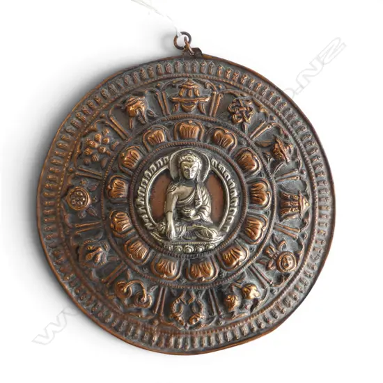 TIBETAN BUDDHA AMULET copper, brass & silver? Dia.145mm