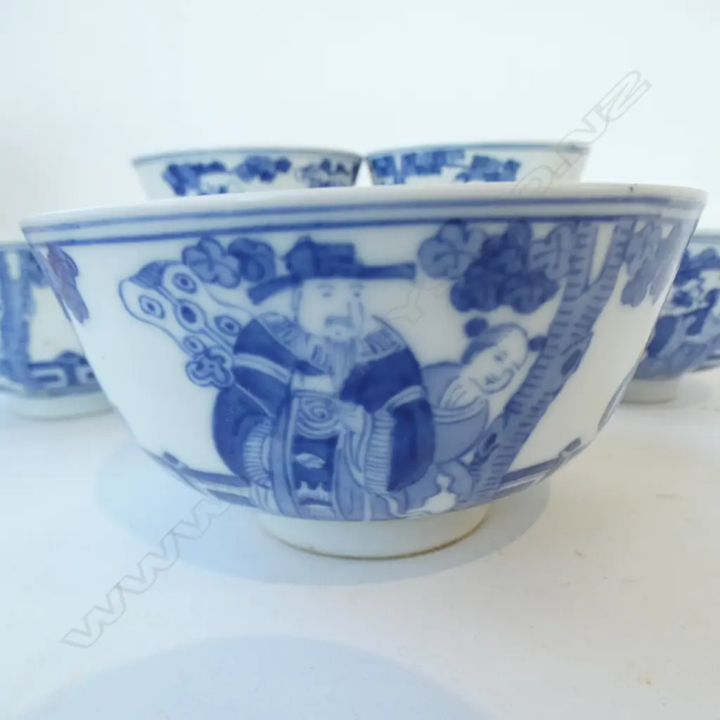 5 CHINESE PORCELAIN QIANLONG MARKED probably later B & W BOWLS with scholars Dia.115mm. Image 1++