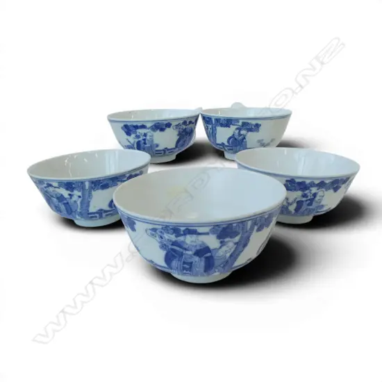 5 CHINESE PORCELAIN QIANLONG MARKED probably later B & W BOWLS with scholars Dia.115mm.