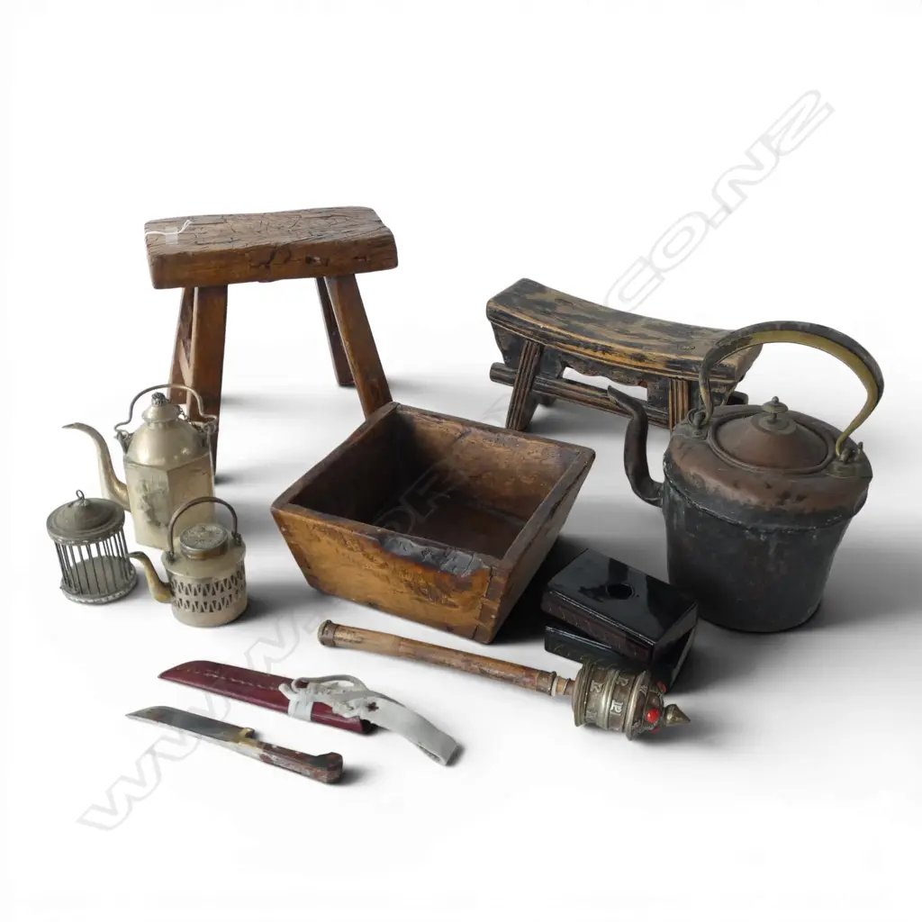 10 ASST. ORIENTAL ITEMS; WOODEN STOOL, HEAD REST, TEA POT, PRAYER WHEEL ETC Image 1++
