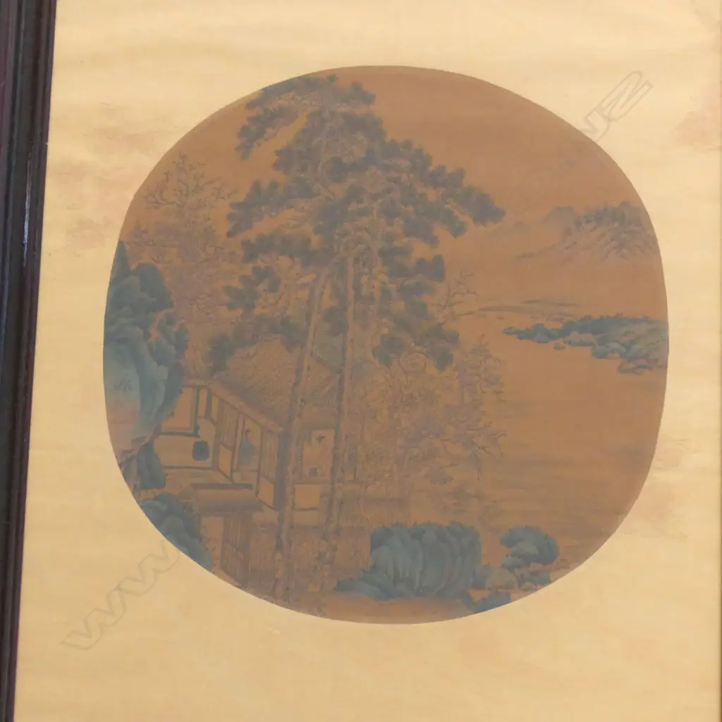 TWO CHINESE WATERCOLOUR LANDSCAPE AND CALLIGRAPHY round IMAGES in the same frame. Dia. 290mm ea. Image 1++