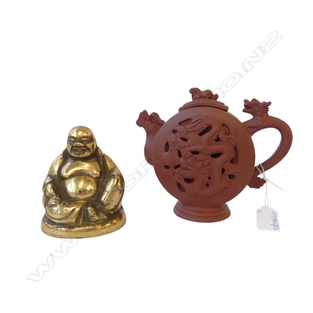 CHINESE TERRACOTTA TEAPOT H.160mm + SOLID BRASS BUDDHA Image 1++