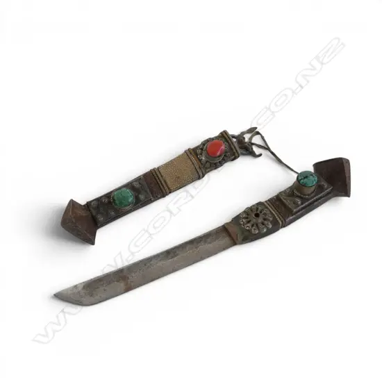 TIBETAN YAK BONE KNIFE SET WITH CORAL AND TURQUOISE GEMSTONES L.240mm