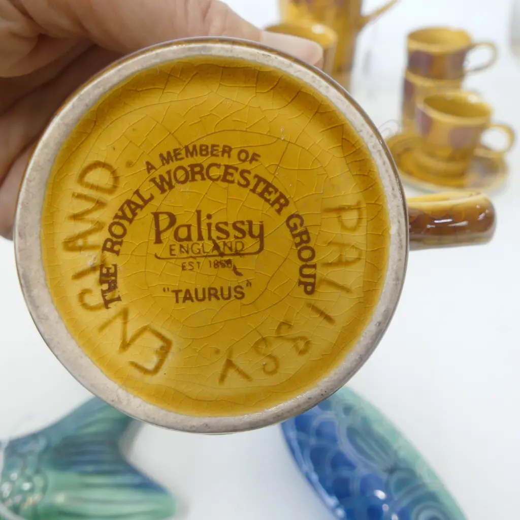 9 PCE PALISSY 'TAURUS' COFFEE SET; 6 C/S, POT, MILK & SUGAR Image 1++
