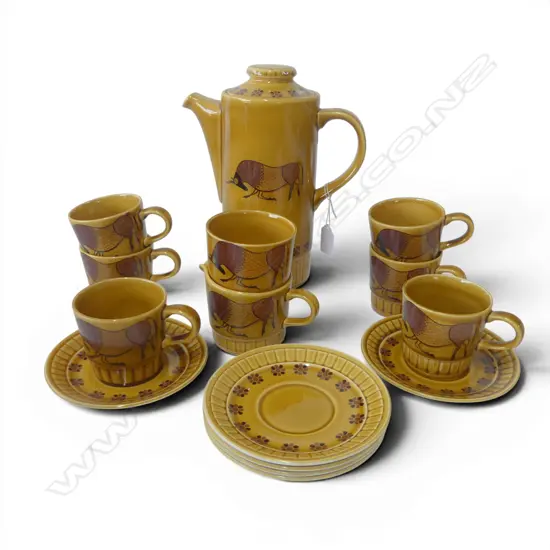 9 PCE PALISSY 'TAURUS' COFFEE SET; 6 C/S, POT, MILK & SUGAR