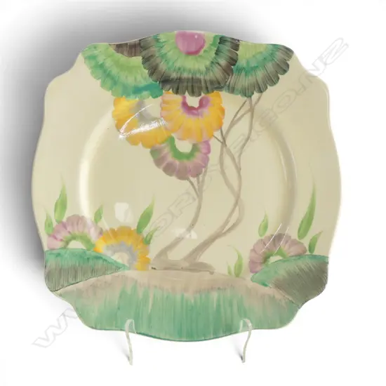 # Clarice Cliff 'Rodanthe' green colourway Leda shape plate. Dia.226mm. Small flake chip to back edge