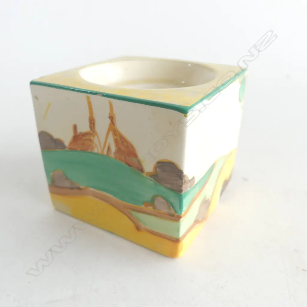 CLARICE CLIFF 'SECRETS' PATTERN CUBE INKWELL no lid. Shape No. 458 moulded in relief otherwise unmarked. H.56mm.  Image 1++