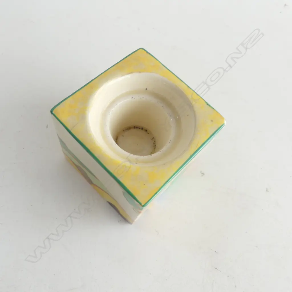CLARICE CLIFF 'SECRETS' PATTERN CUBE INKWELL no lid. Shape No. 458 moulded in relief otherwise unmarked. H.56mm.  Image 1++