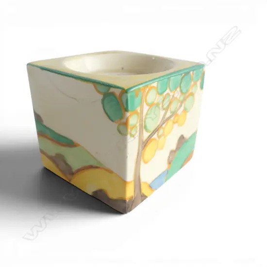 CLARICE CLIFF 'SECRETS' PATTERN CUBE INKWELL no lid. Shape No. 458 moulded in relief otherwise unmarked. H.56mm. 