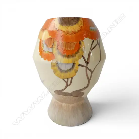 # Clarice Cliff Bizarre tall 'Rhodanthe' vase, shape #363, c.1934. Professional restoration difficult to detect. H.205mm