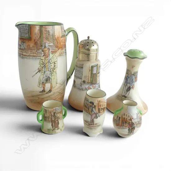 6 PCES ROYAL DOULTON DICKENS WARE INCL. BARKIS JUG H.180mm, SAIREY GAMP SIFTER ETC
