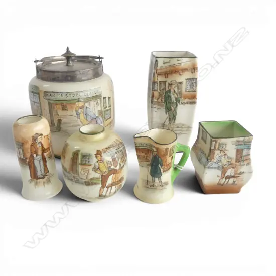 6 PCES ROYAL DOULTON DICKENS WARE; MR PICKWICK LIDDED JAR H.120mm, 2 SAM WELLER, POOR JO, ARTFUL DODGER, MR MICAWBE