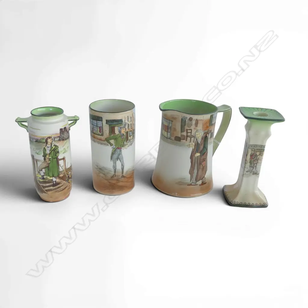 4 PCES ROYAL DOULTON DICKENS WARE; FAGIN JUG H.160mm, BILL SYKES CANDLESTICK, 2 VASES; ALFRED JINGLE, SYDNEY CARTON Image 1++