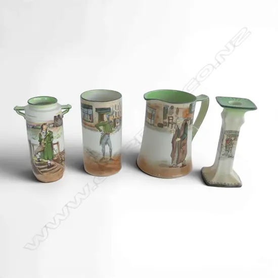 4 PCES ROYAL DOULTON DICKENS WARE; FAGIN JUG H.160mm, BILL SYKES CANDLESTICK, 2 VASES; ALFRED JINGLE, SYDNEY CARTON