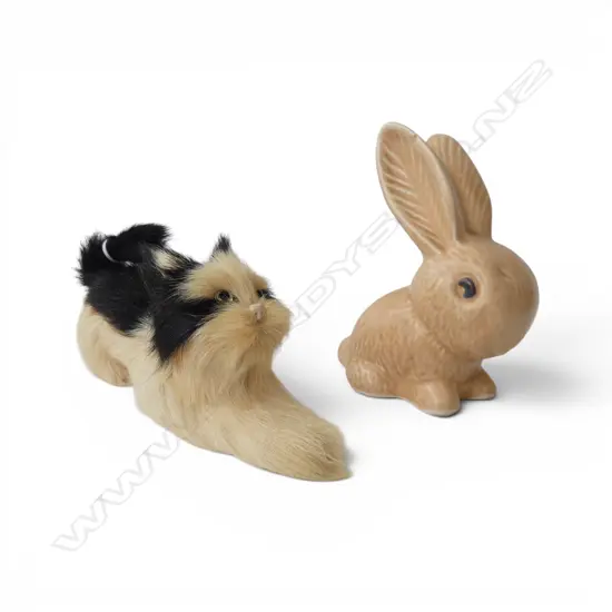 HANDCRAFTED CAT FIGURINE MADE FROM NATURAL FUR, AND CERAMIC RABBIT FIGURINE 