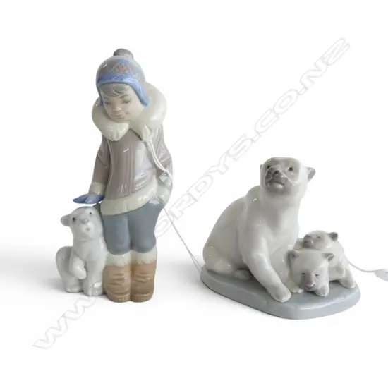 2 PCS LLADRO; BOY w BEAR, H.140mm & POLAR BEAR FAMILY, H.90x100mm