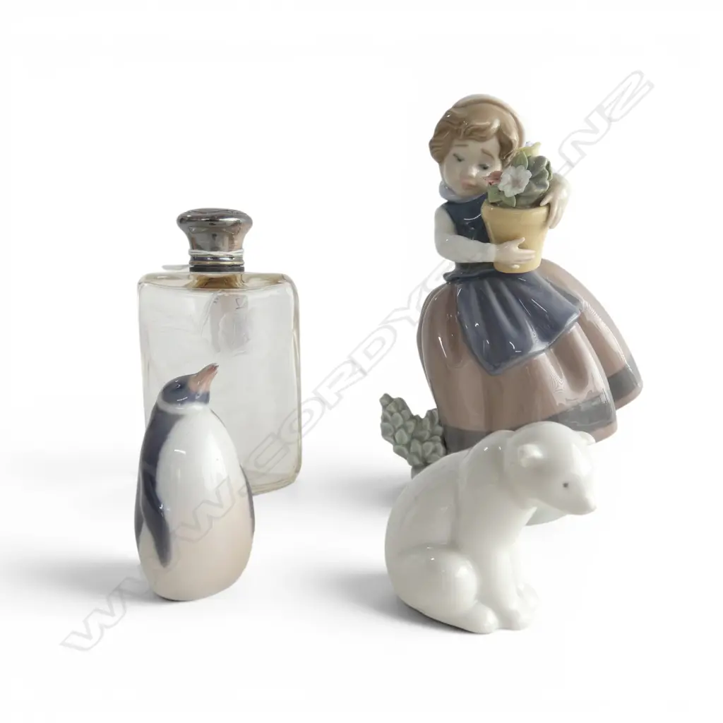 PERFUME BOTTLE w. STG LID, LLADRO GIRL w. FLOWERS H.160mm, NAO POLAR BEAR, R. COPENHAGEN PENGUIN Image 1++