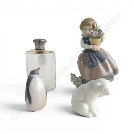 PERFUME BOTTLE w. STG LID, LLADRO GIRL w. FLOWERS H.160mm, NAO POLAR BEAR, R. COPENHAGEN PENGUIN