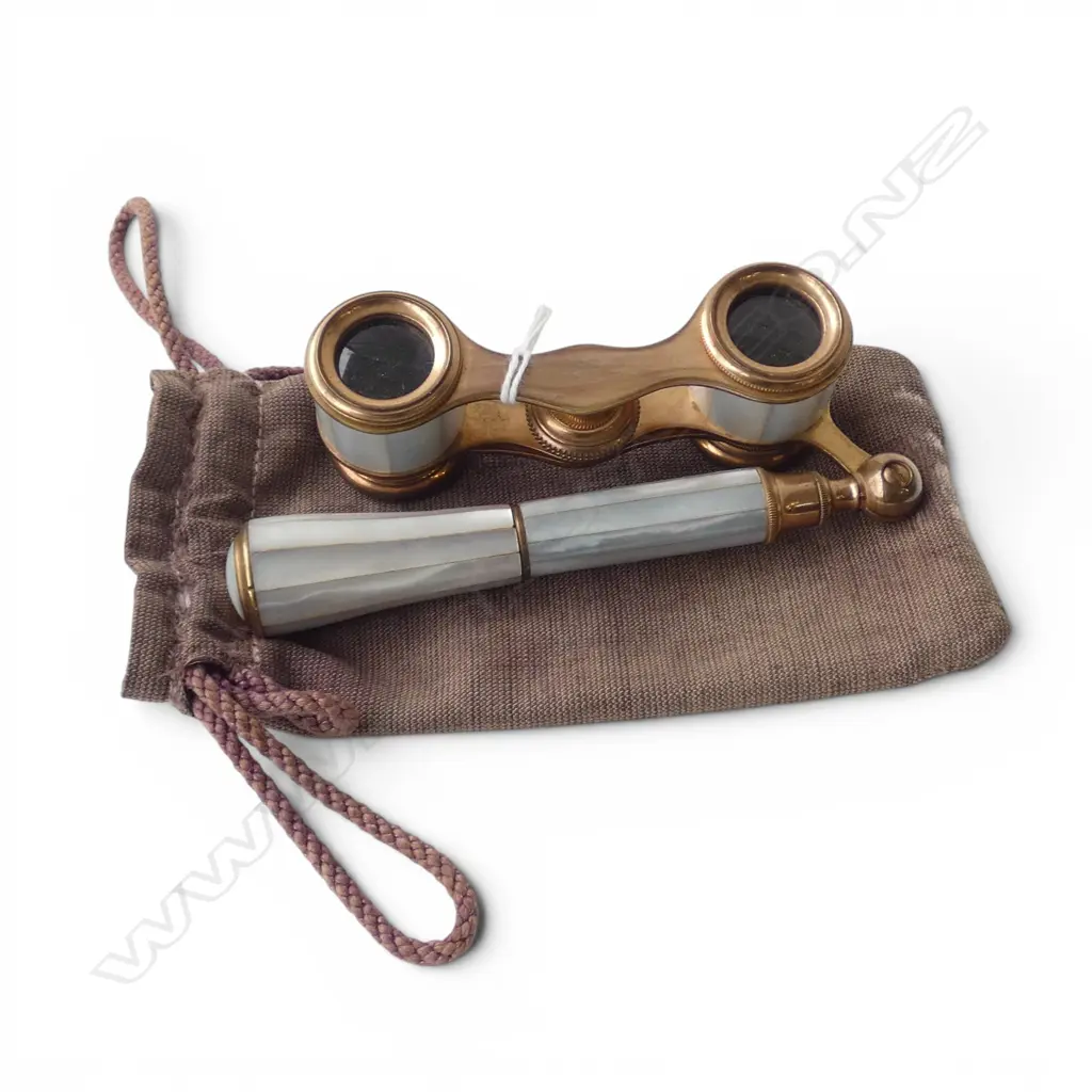 Pair of gilded brass & Mother of Pearl folding OPERA GLASSES in bag w UK listing Image 1++