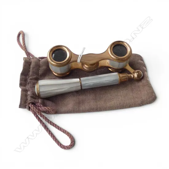 Pair of gilded brass & Mother of Pearl folding OPERA GLASSES in bag w UK listing