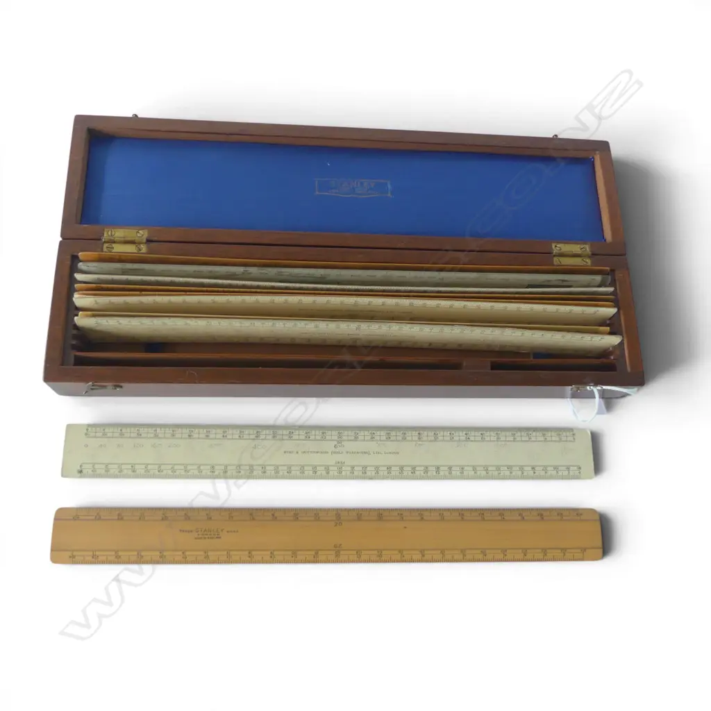 WOODEN RULERS IN MAHOGANY CASE W.360mm Image 1++