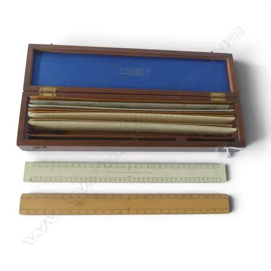WOODEN RULERS IN MAHOGANY CASE W.360mm