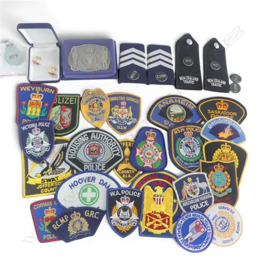 COLLECTION embroided SHOULDER PATCHES mainly police various world etc includes NZ Traffic epaulets + silvered badge etc