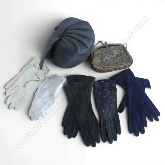 VINTAGE 1950s/60s CHRISTIAN DIOR HAT, MADE IN FRANCE + GLOVES & TAPESTRY PURSE