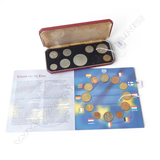CASED UK ELIZABETH II 1965 COIN SET, 1 coin missing & EUROPEAN FIRST ISSUE EURO COINS
