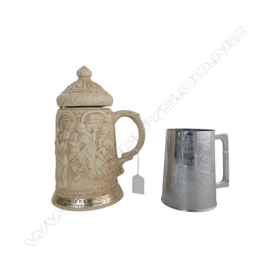 JIM BEAM LIDDED MUG FULL H230MM & TRENCH ART  WW2 MUG H120MM