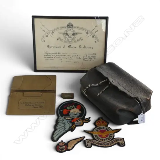 WW II MORSE CODE CERTIFICATE/TOILET BAG/VESTA/  MEXICAN SILVER FOB/ SQUADRON PATCHES ETC 280 X 210 MM