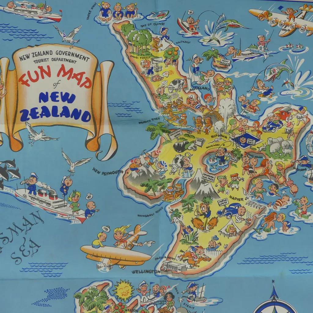 FUN MAP OF NZ 'WONDERLAND OF THE PACIFIC' C.1940 Image 1++
