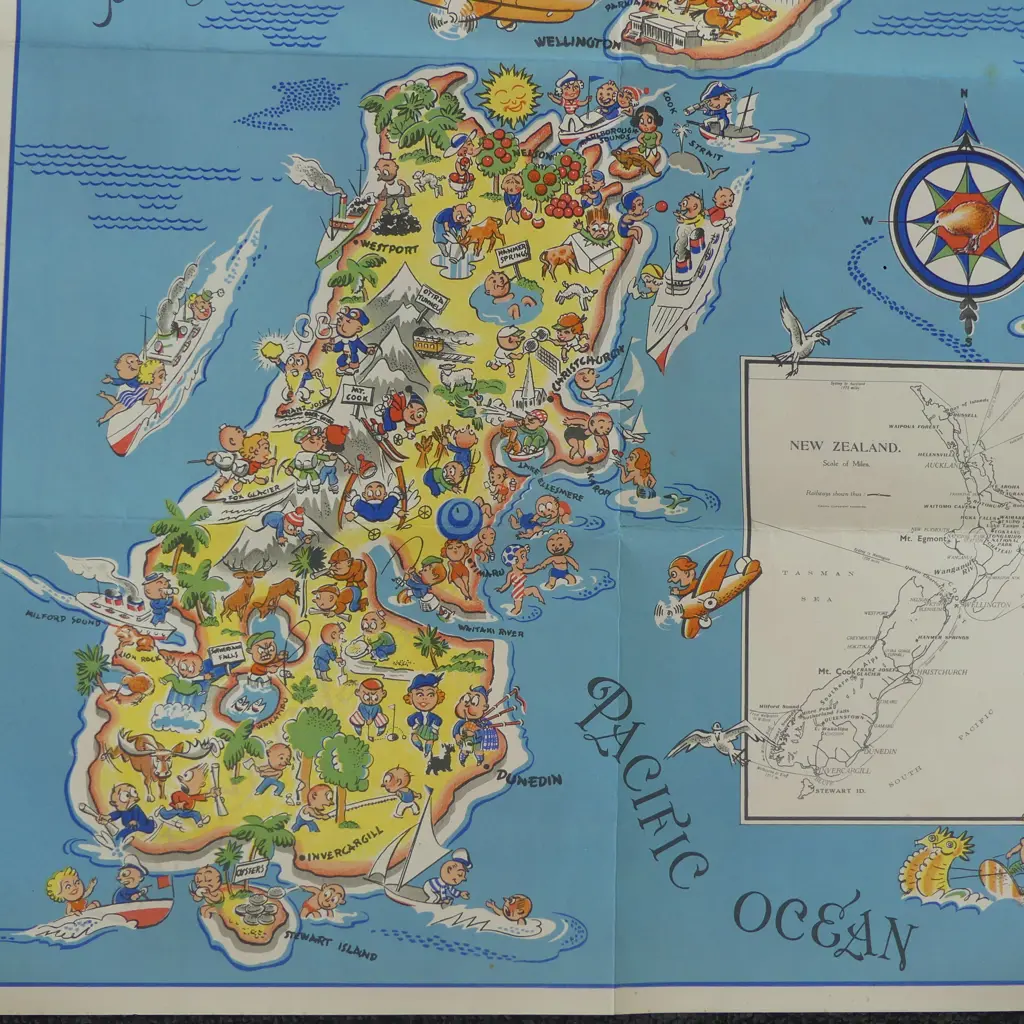 FUN MAP OF NZ 'WONDERLAND OF THE PACIFIC' C.1940 Image 1++