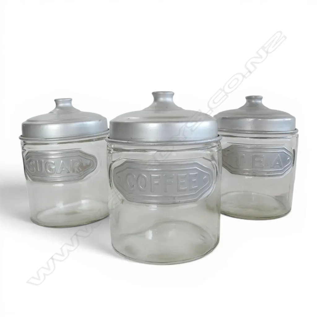 3 MID-CENTURY STORAGE JARS; TEA COFFEE & SUGAR Image 1++