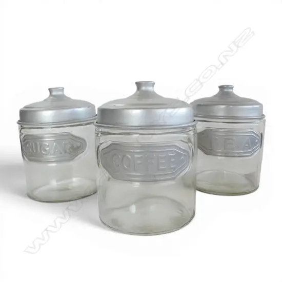 3 MID-CENTURY STORAGE JARS; TEA COFFEE & SUGAR