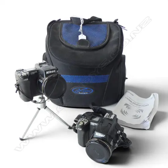 2 NIKON CAMERS + ASST. ACCESSORIES IN CARRY BAG