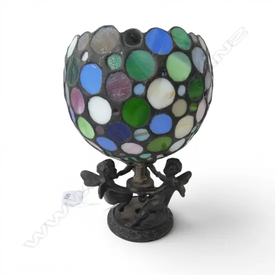 ART NOUVEAU STYLE TABLE LAMP 3 PUTTI BASE w GLASS SHADE, H.180mm