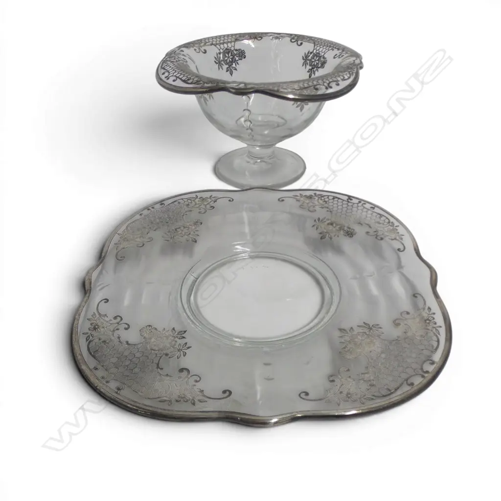 GLASS COMPORT DISH AND PLATE WITH SILVER OVERLAY DECORATION (D) 200mm Image 1++