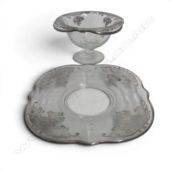 GLASS COMPORT DISH AND PLATE WITH SILVER OVERLAY DECORATION (D) 200mm