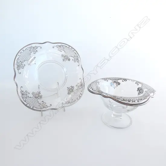 GLASS COMPORT DISH AND PLATE WITH SILVER OVERLAY DECORATION (D) 200mm
