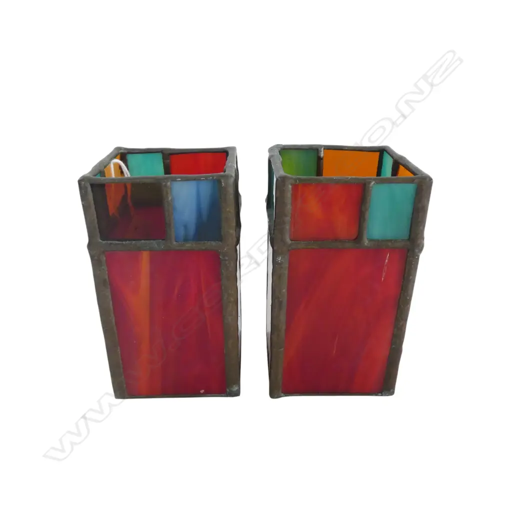PR VINTAGE STAINED GLASS LEADLIGHT SQUARE CANDLE SURROUNDS, H.100MM  Image 1++