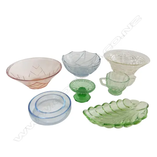 7 PCS DEPRESSION GLASS BOWLS & DISHES IN GREEN/BLUE/PINK ETC