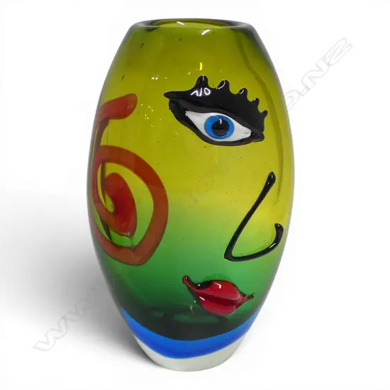 MURANO SOMMERSO HEAVY ART GLASS FACE VASE PICASSO STYLE H300MM SMALL CHIP TO MOUTH