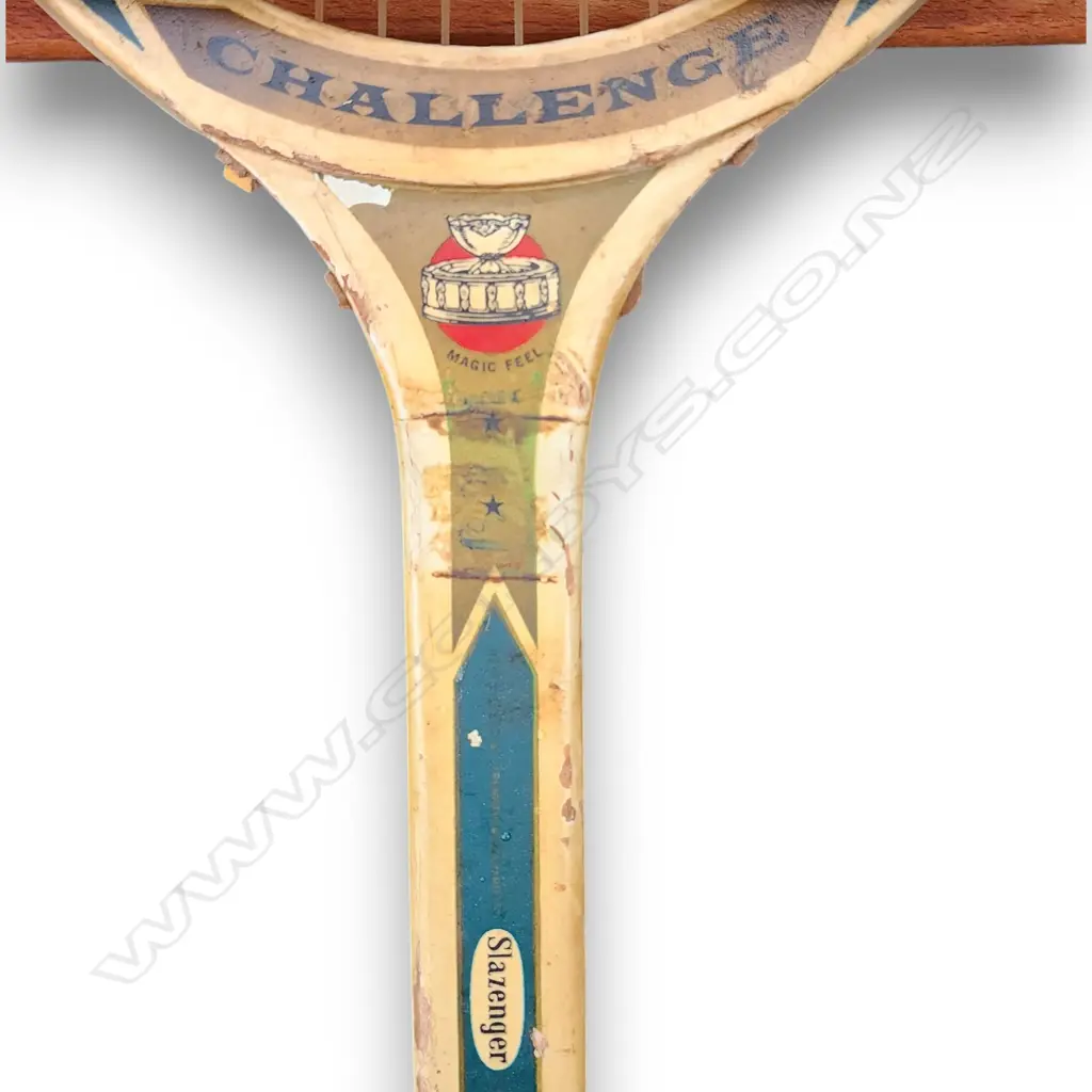 VINTAGE SLAZENGER CHALLENGE WOODEN TENNIS RACKET FEATURING A DISTINCTIVE TRAPEZOIDAL WOODEN PRESS ATTACHED TO THE HEAD Image 1++