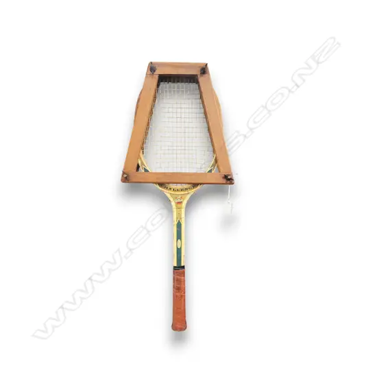VINTAGE SLAZENGER CHALLENGE WOODEN TENNIS RACKET FEATURING A DISTINCTIVE TRAPEZOIDAL WOODEN PRESS ATTACHED TO THE HEAD