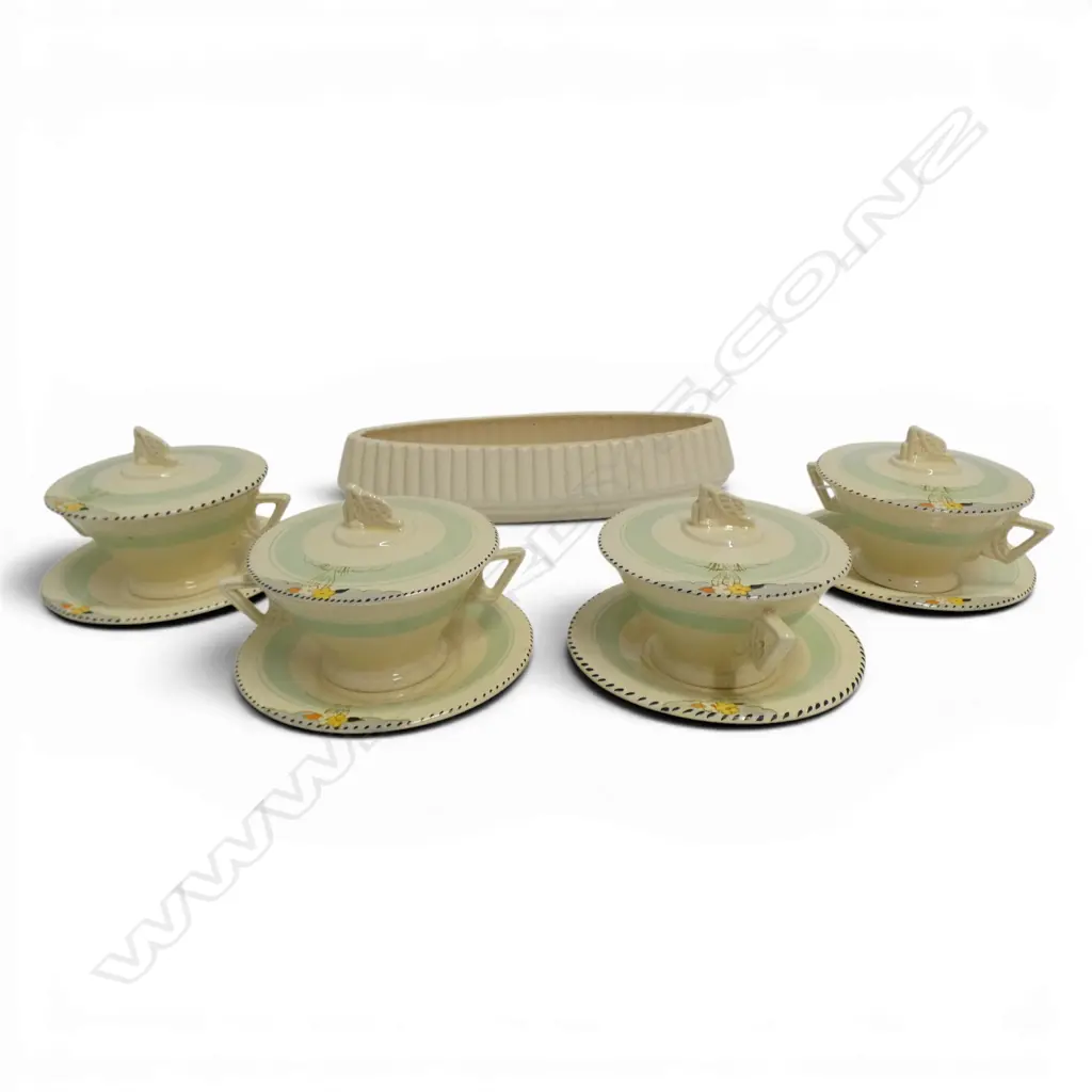 CROWN LYNN TROUGH VASE #74 W.300mm HAIRLINE + 4 BURLEIGH 'ZENITH' LIDDED COUPES w. SAUCERS Image 1++