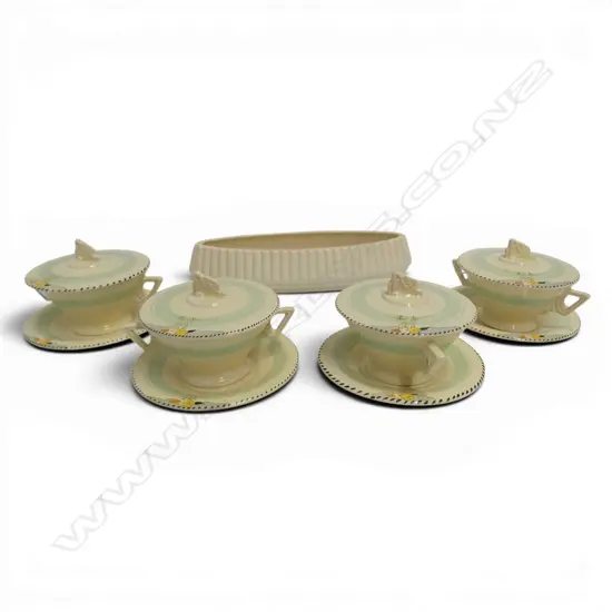 CROWN LYNN TROUGH VASE #74 W.300mm HAIRLINE + 4 BURLEIGH 'ZENITH' LIDDED COUPES w. SAUCERS