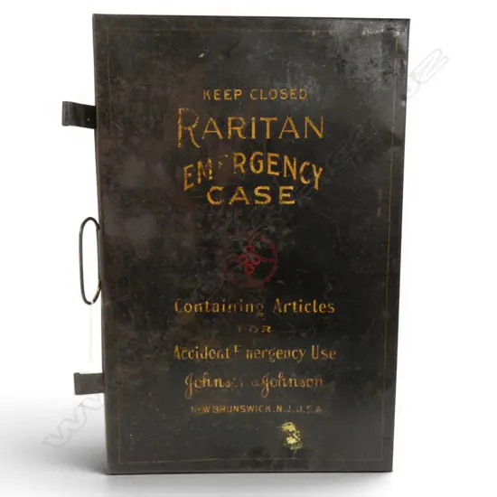 ANTIQUE TIN FIRST AID BOX 'RARITAN EMERGENCY CASE' 320x80x490mm